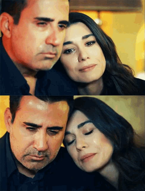 a man and a woman are hugging each other with the woman crying