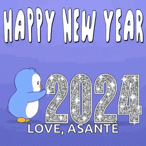 a happy new year greeting card with a penguin touching the numbers 2024