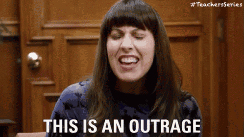 a woman is making a funny face with the words this is an outrage below her