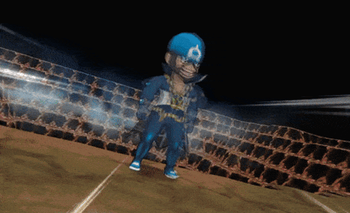 a cartoon character wearing a blue hat with a white letter o on it
