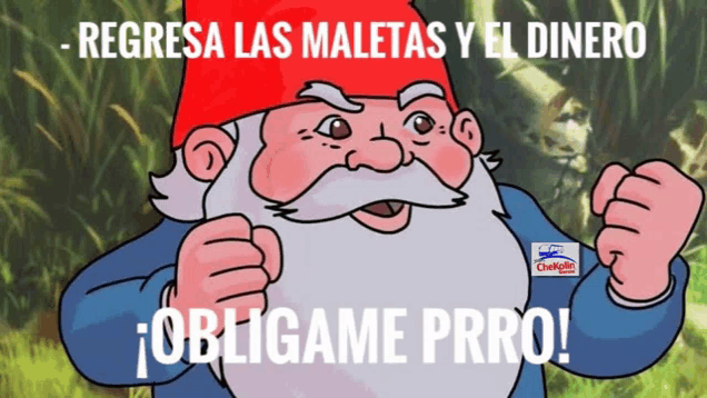 a cartoon of a gnome with a red hat and the words " regresa las maletas y el dinero "