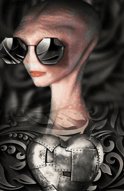 a drawing of an alien wearing sunglasses and a metal heart