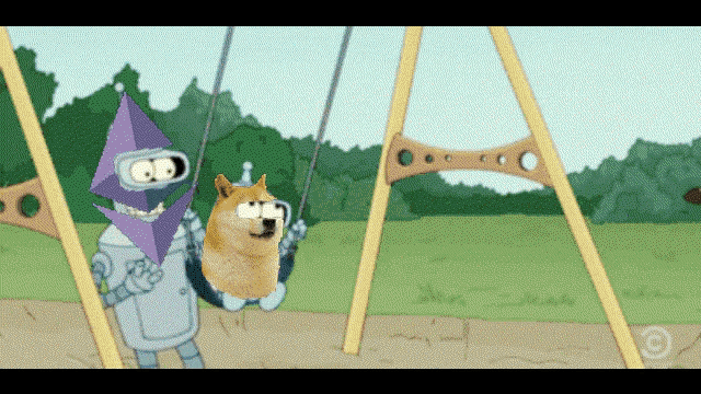 a doge is sitting on a swing with a robot standing behind it