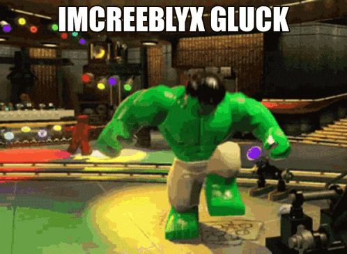 a green hulk is in a video game with the words imcreeblyx gluck