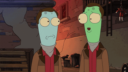 two cartoon characters are standing next to each other in front of a building