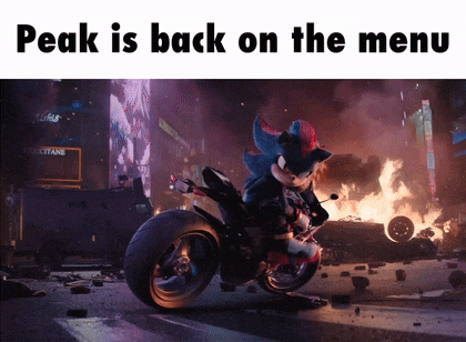 a picture of a cartoon character riding a motorcycle with the words " peak is back on the menu "