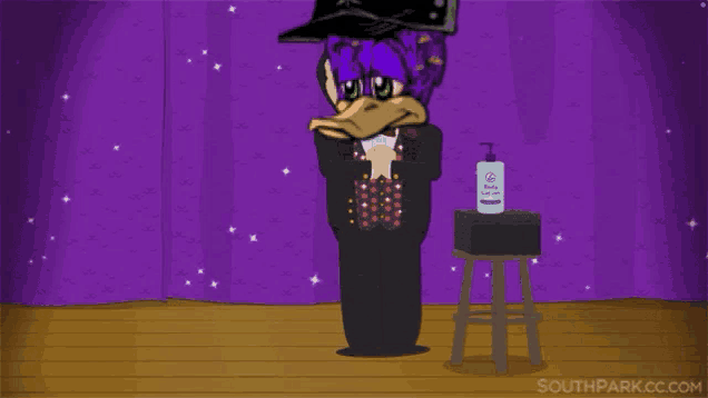 a cartoon of a duck in a tuxedo standing next to a bottle of lotion