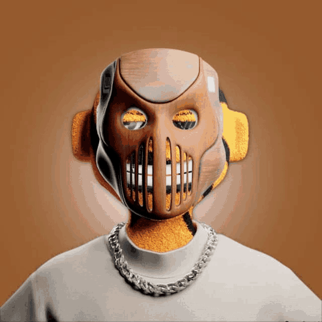a teddy bear wearing a mask and chain around his neck