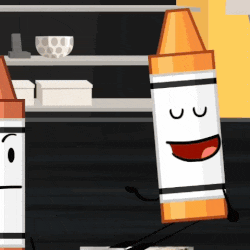orange and white crayons with faces and arms