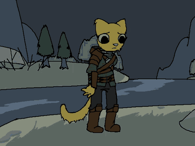 a cartoon of a cat standing next to a river with trees in the background
