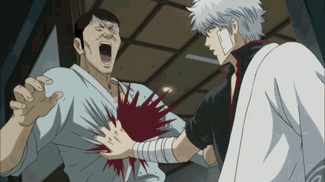a man with a bandage on his forehead is being attacked by another man with blood coming out of his chest