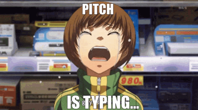 a picture of a girl with the words pitch is typing written on it
