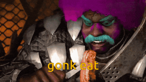 a man with purple hair and a blue mustache is eating a piece of meat with the words gonk eat written above him