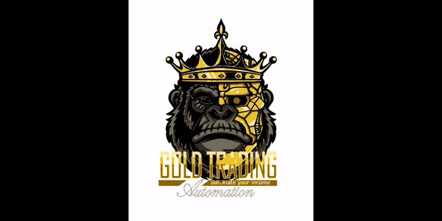 a gorilla wearing a crown and a robotic face is a logo for gold trading automation .