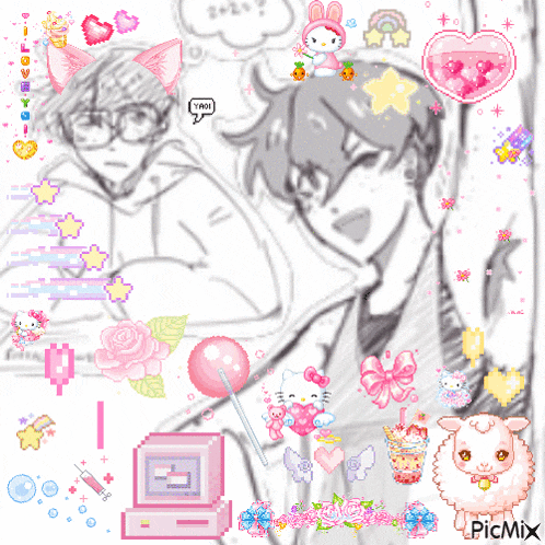 a black and white drawing of a boy and a girl with a hello kitty on the bottom right corner