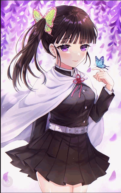 a girl with purple eyes is holding a blue butterfly in her hand