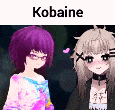 two anime girls are standing next to each other with the word kobain on top