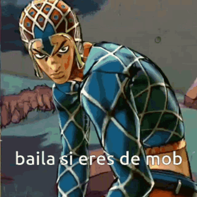 a cartoon character from jojo 's bizarre adventure is wearing a helmet and a blue shirt .