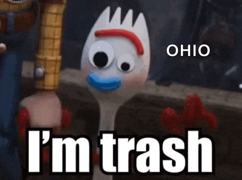 a toy story fork is holding a wooden sword and says `` i 'm trash '' .