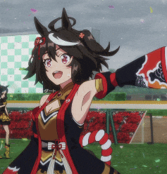 a girl in a red and black outfit is standing in a field