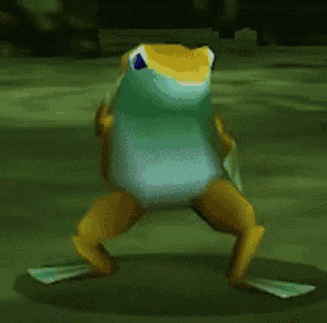 a blue and yellow frog is standing on its hind legs on a green background .
