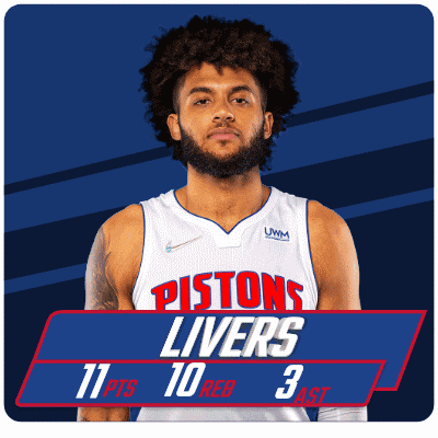 a man in a pistons jersey stands in front of a blue and red banner