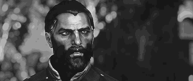 a black and white portrait of a man with a beard and mustache .