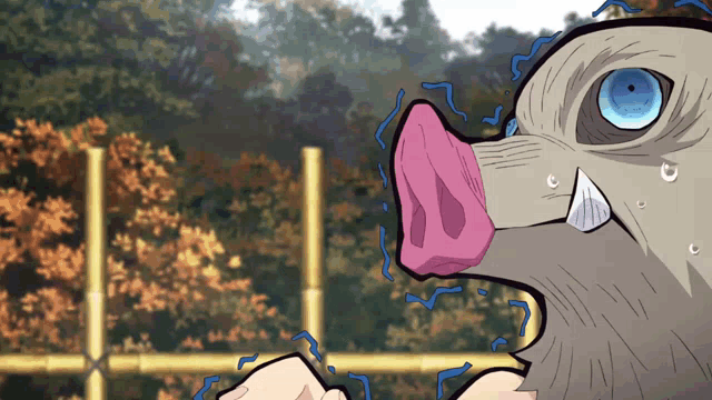 a cartoon of a pig with a blue eye and a pink nose