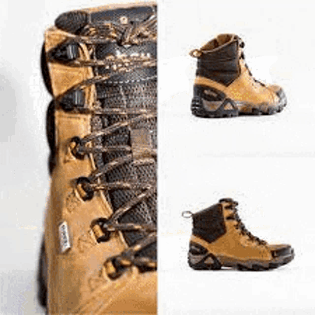 a collage of three pictures of a pair of brown hiking boots .