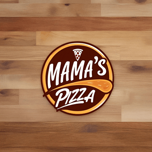 a logo for mama 's pizza on a wooden surface