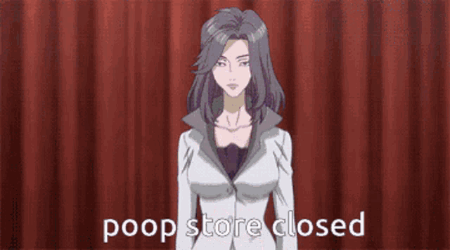 a woman is standing in front of a red curtain with the words poop store closed written below her