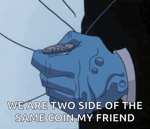 a person holding a coin with the words we are two side of the same coin my friend below it