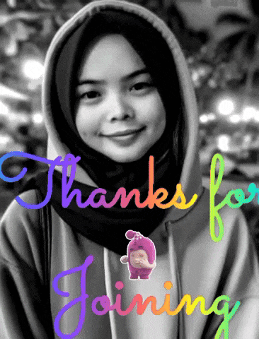 a black and white photo of a girl with the words thanks for joining behind her