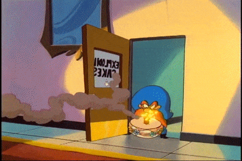a cartoon character is standing in front of a door that has a sign on it that says ' luke ' on it