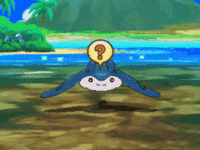 a cartoon of a stingray flying over a beach