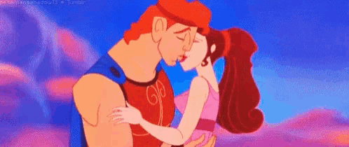 hercules and megara from hercules are kissing each other in a cartoon .