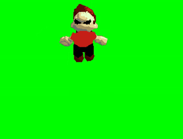 a cartoon character with blue eyes is standing on a green background
