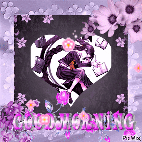 a picture of a girl in a heart surrounded by flowers and the words good morning