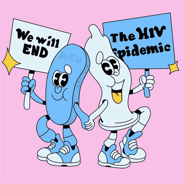 a cartoon of a prep and a condom holding up signs that say we will end the hiv epidemic