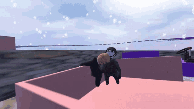 a couple of cartoon characters sitting on a pink block