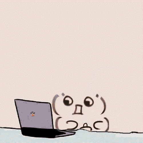 a cartoon of a girl behind a laptop with chinese writing on it