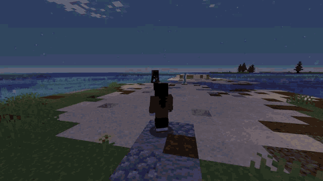 a person in a red and black outfit stands in a minecraft world