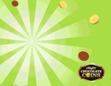 a container of mayfair chocolate coins with a roulette wheel on it