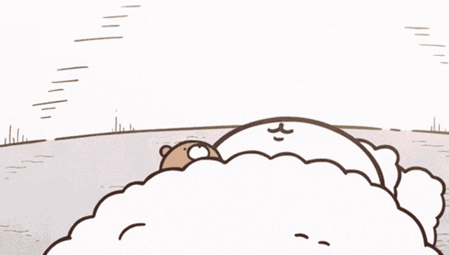 a cartoon drawing of a teddy bear laying in a cloud