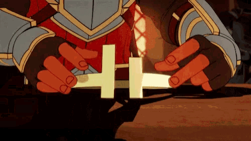a cartoon character is holding a sword and a cross in his hands .