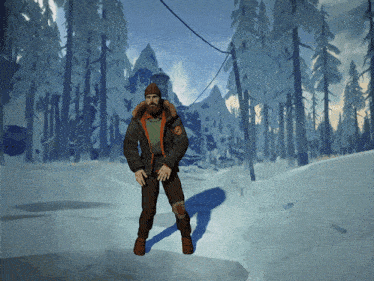 a man with a beard is standing in the snow in a video game