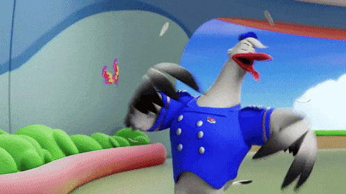 a cartoon seagull in a blue uniform with a red beak
