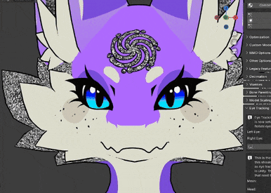 a purple and white animal with blue eyes and a swirl in the middle of its head