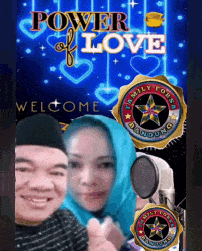 a man and a woman are standing in front of a neon sign that says power of love