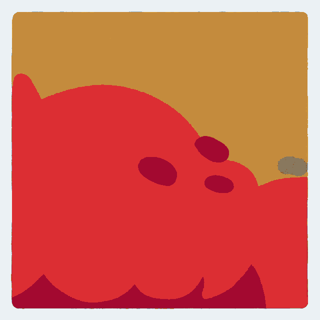 a cartoon drawing of a red monster with a blue sky behind it